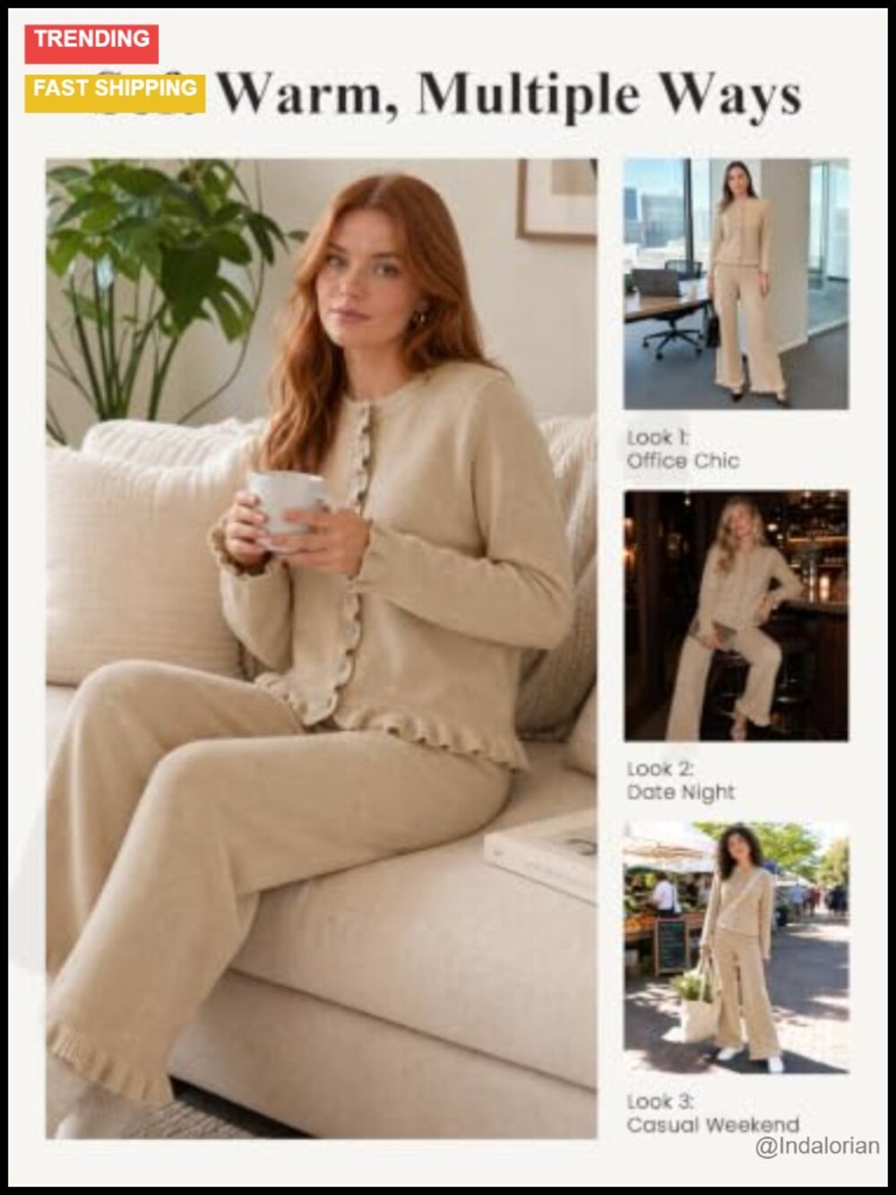 Womens Knit Lounge Set Ruffle Cardigan Wide Leg Pants 2 Piece Outfit - Picture 5 of 6